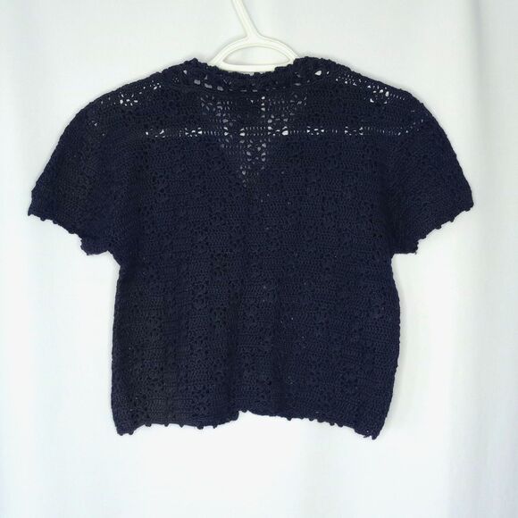 ⭐ One Step Up Girls Open Knit Crochet Short Slve Cardigan Sweater Navy Blu Large - Picture 3 of 5